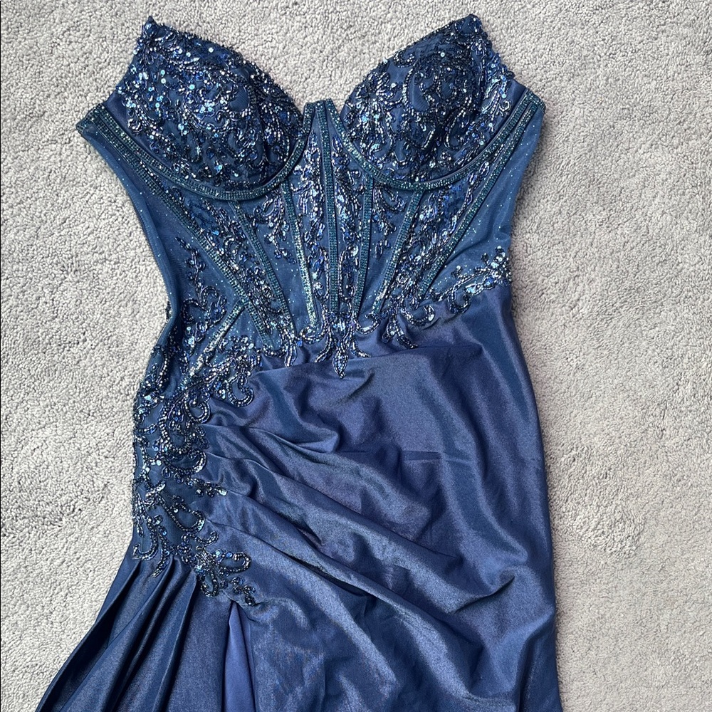 Ladivine Cinderella size 6 Navy strapless sequins mesh corset prom dress CM369 - Picture 6 of 15
